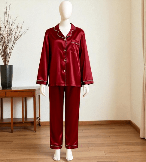 Elaveia Plain Silk 2 Piece Night Suit Front Button 3/4 Sleeve Pajama Set for Women - Elaveia