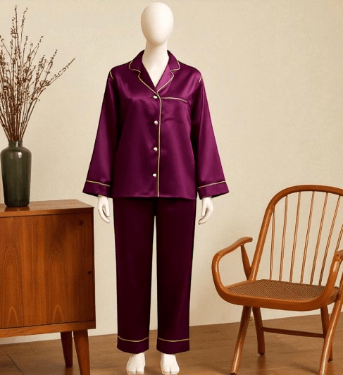 Elaveia Plain Silk 2 Piece Night Suit Front Button 3/4 Sleeve Pajama Set for Women - Elaveia
