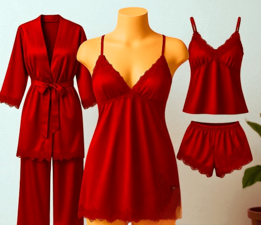 Elaveia 5 Piece Silk Satin Pajama Set Cami, Nightgown, Robe & Lace Nightdress - Elaveia