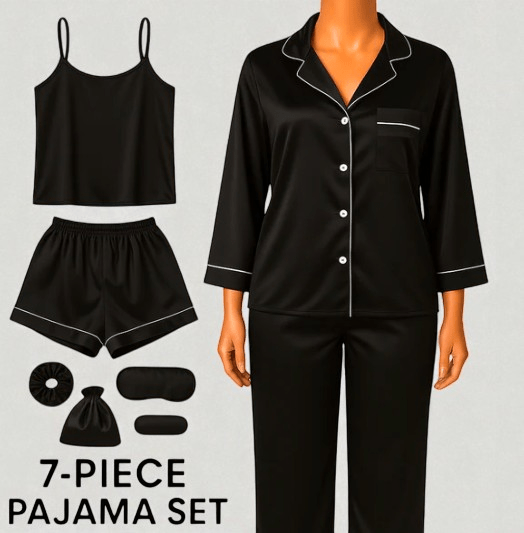 Elaveia 7 Piece Silk Satin Bridal Pajama Set Cami, Nightgown Robe & Lace Nightdress Ensemble - Elaveia