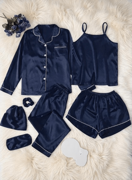 Elaveia 7 Piece Silk Satin Bridal Pajama Set Cami, Nightgown Robe & Lace Nightdress Ensemble - Elaveia