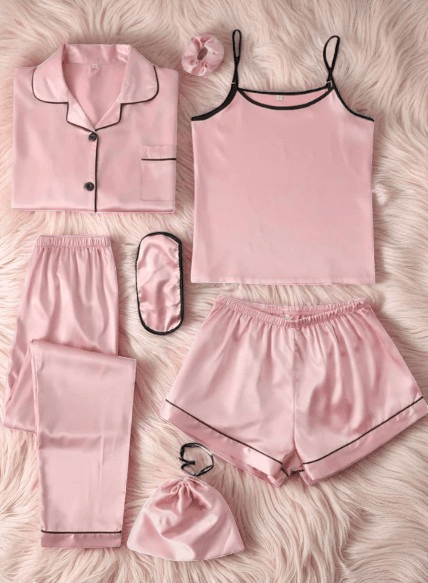 Elaveia 7 Piece Silk Satin Bridal Pajama Set Cami, Nightgown Robe & Lace Nightdress Ensemble - Elaveia