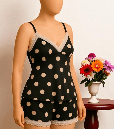 Elaveia Padded Silk Pajama Set Polka Dot Cami & Shorts with Lace Trim - Elaveia