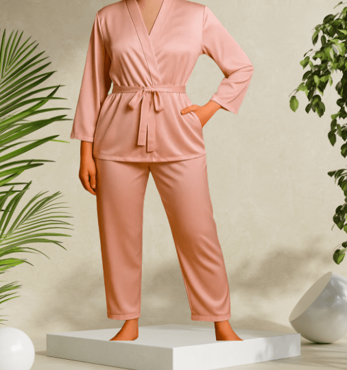 Elaveia Satin Robe Nightwear Set Elegant Black 2 Piece with Waist Belt - Elaveia