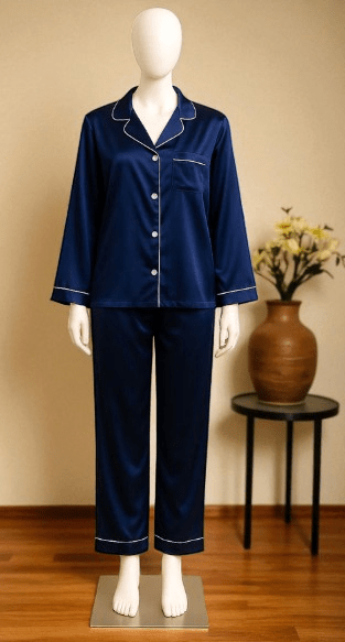 Elaveia Plain Silk 2 Piece Night Suit Front Button 3/4 Sleeve Pajama Set for Women - Elaveia