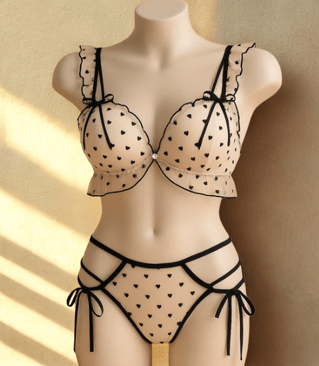 Elaveia Black Heart Embroidered Push - Up Bra & Lace Panty Set Romantic Elegance - Elaveia