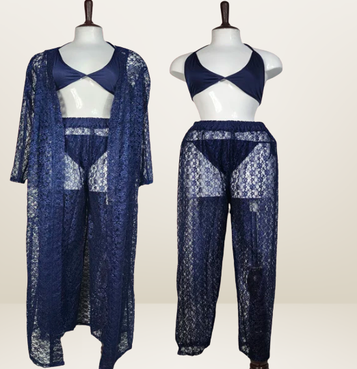 Elaveia 4 Piece Bridal Nightwear Set Lace Net See Through Design