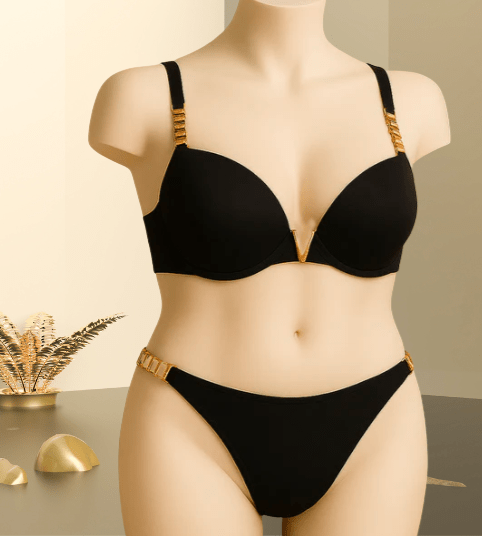 Elaveia Chain Strap Lingerie Set Front Metal V Buckle Bra & Panty - Elaveia
