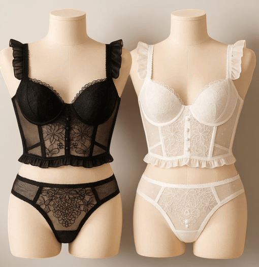 Elaveia Luxury Lace Corset Lingerie Set Lightly Padded Underwired Bra & Panty with Floral Detailing - Elaveia