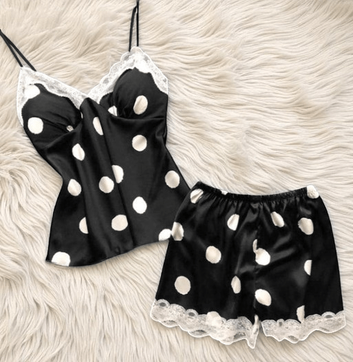 Elaveia Padded Silk Pajama Set Polka Dot Cami & Shorts with Lace Trim - Elaveia