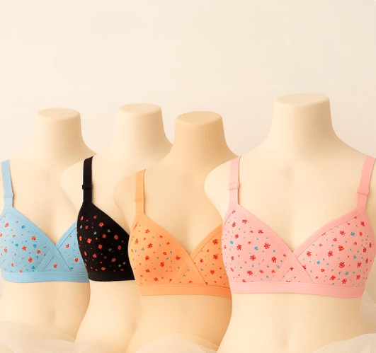 Pack of 4 Printed Cotton Bras Soft Hosiery Fabric, Everyday Comfort - Elaveia