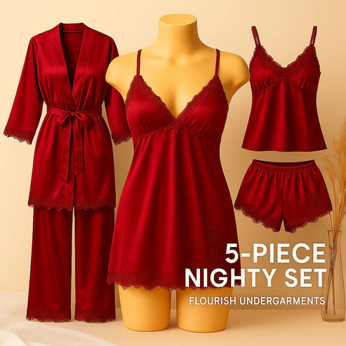 Elaveia 5 pcs Non Padded Silk Satin Pajama Set Cami Top Nightgown Sexy Sleepwear Robe Sets Lace Nightdress