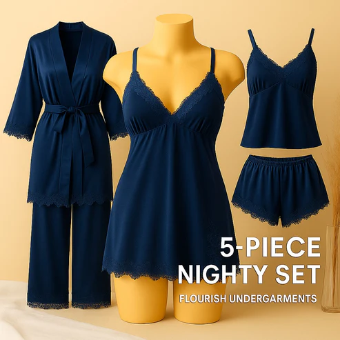 Elaveia 5 pcs Non Padded Silk Satin Pajama Set Cami Top Nightgown Sexy Sleepwear Robe Sets Lace Nightdress