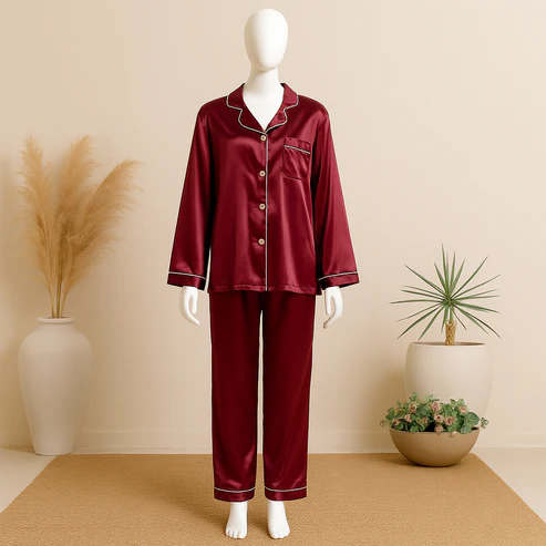 Elaveia Plain Silk Front Button Open 3/4 Sleeve Night Dress For Girls - Silk Night Suit For Women Girls- Pjs For Women Two Piece Set (Free Surnchie)