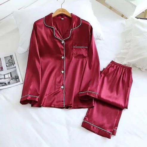 Elaveia Plain Silk Front Button Open 3/4 Sleeve Night Dress For Girls - Silk Night Suit For Women Girls- Pjs For Women Two Piece Set (Free Surnchie)