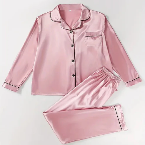 Elaveia Plain Silk Front Button Open 3/4 Sleeve Night Dress For Girls - Silk Night Suit For Women Girls- Pjs For Women Two Piece Set (Free Surnchie)