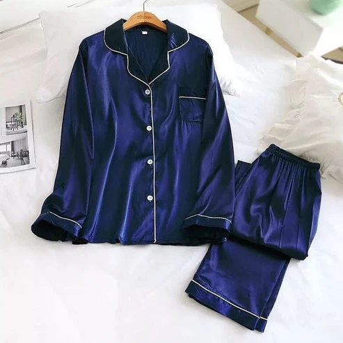 Elaveia Plain Silk Front Button Open 3/4 Sleeve Night Dress For Girls - Silk Night Suit For Women Girls- Pjs For Women Two Piece Set (Free Surnchie)