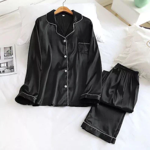Elaveia Plain Silk Front Button Open 3/4 Sleeve Night Dress For Girls - Silk Night Suit For Women Girls- Pjs For Women Two Piece Set (Free Surnchie)