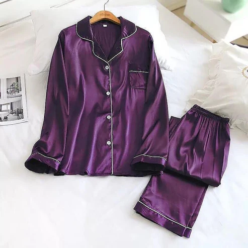 Elaveia Plain Silk Front Button Open 3/4 Sleeve Night Dress For Girls - Silk Night Suit For Women Girls- Pjs For Women Two Piece Set (Free Surnchie)