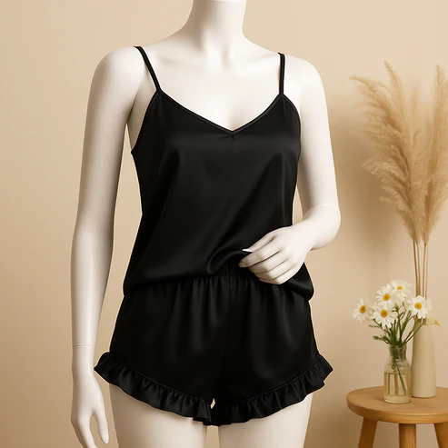 Elaveia 2 pcs silk Cami Sets Charming Style Short Non Padded Inner and Short Nighty 2409