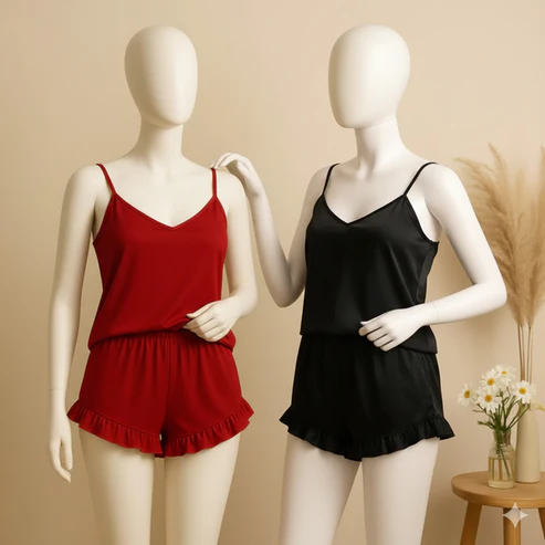 Elaveia 2 pcs silk Cami Sets Charming Style Short Non Padded Inner and Short Nighty 2409